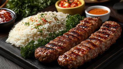 Delicious Plate of Grilled Meat With Rice and Halal Fresh Vegetables