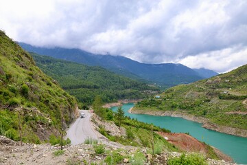 River winding valley. Reservoir in the mountains with turquoise water 
