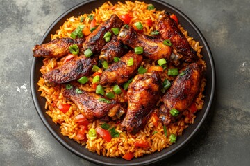 Nigerian food party Close up of a platter of jollof rice and fried chicken wings. above, horizontal top view. Generative AI