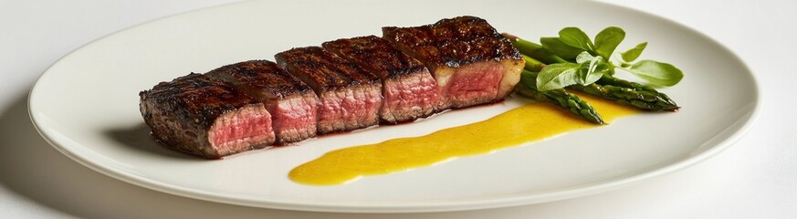 Fototapeta premium Grilled steak sliced, asparagus, and sauce.