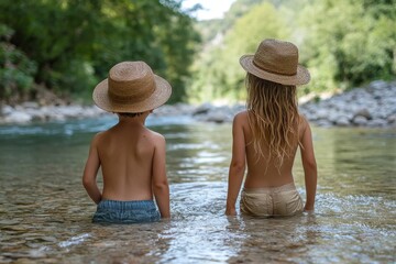 Girl and boy siblings playing near water of Italian Tirino river in Abruzzo