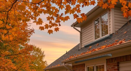 Fototapeta premium Autumn Home Exterior with Gutter Guards - Cozy autumn scene featuring a house with gutter guards, vibrant fall foliage, and a serene sunset sky. Symbolizing home protection, seasonal beauty