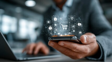 Mobile Technology in Action Hands Holding Smartphone with Floating App Icons