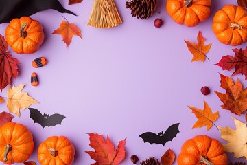 Autumn Halloween Frame With Pumpkins And Bats