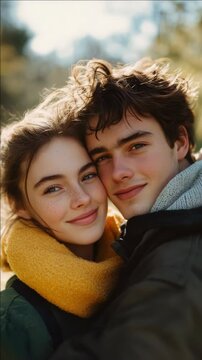A couple is hugging each other in a park. The girl is wearing a yellow scarf and the boy is wearing a black jacket