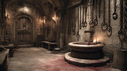 Medieval Dungeon with Chains and Candles Atmospheric Historical Setting for Fantasy and Horror