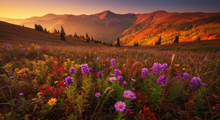Obraz premium Autumn Meadow Sunset Kiss - Serene autumn mountain landscape, wildflowers in bloom, golden hour light, peaceful nature scene, symbolizes tranquility, beauty, and the fleeting nature of autumn