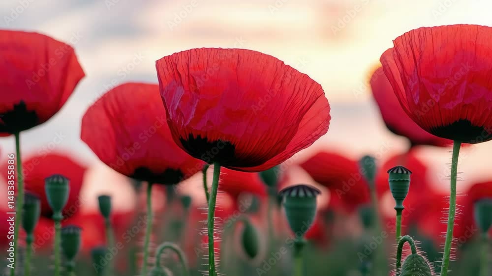 Poster a field of red poppies with the sun setting in the background. the flowers are in full bloom and are