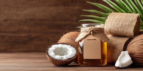 Coconut oil in a glass jar surrounded by fresh coconut shells and husks, showcasing natural beauty products and organic skincare, emphasizing health and wellness benefits