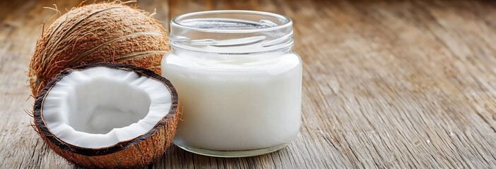 Coconut oil in a glass jar surrounded by fresh coconut shells and husks, showcasing natural beauty products and organic skincare, emphasizing health and wellness benefits