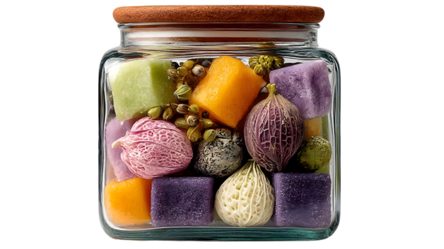 Colorful Cubes and Botanicals in Glass Jar