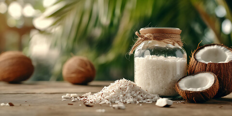 Coconut oil in a glass jar surrounded by fresh coconut shells and husks, showcasing natural beauty products and organic skincare, emphasizing health and wellness benefits