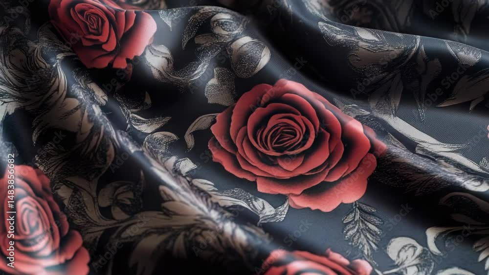 Poster a piece of fabric with a pattern of roses and leaves. the fabric is black and red. the roses are in 