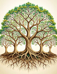 Interconnected root systems of trees symbolize the interconnectedness of ecosystems and the importance of biodiversity.