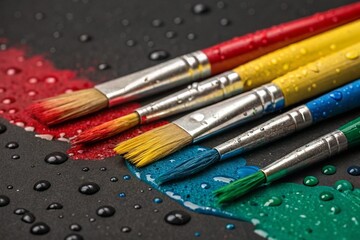 Fototapeta premium Closeup of Colorful Paintbrushes with Paint on a Dark Surface.