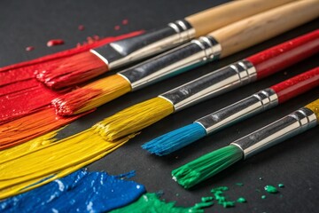 Obraz premium Closeup of Colorful Paintbrushes with Paint on a Dark Surface.