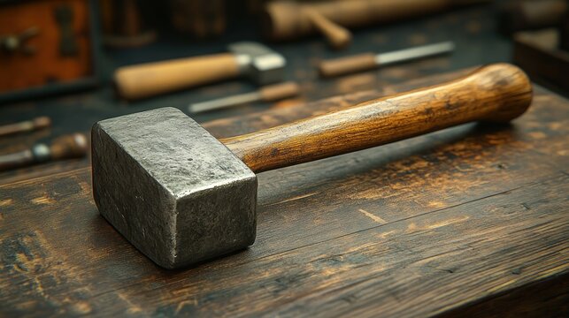 Vintage, heavy-duty  hammer on workbench - Powered by Adobe