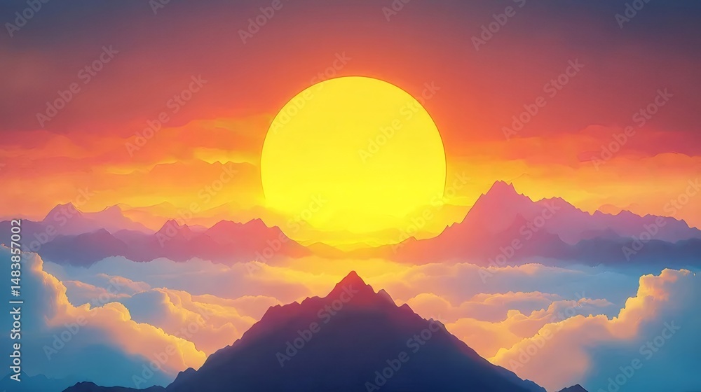 Aufkleber ピクセル化された山々の上昇する明るいオレンジ色の太陽と雲のパノラマ風景