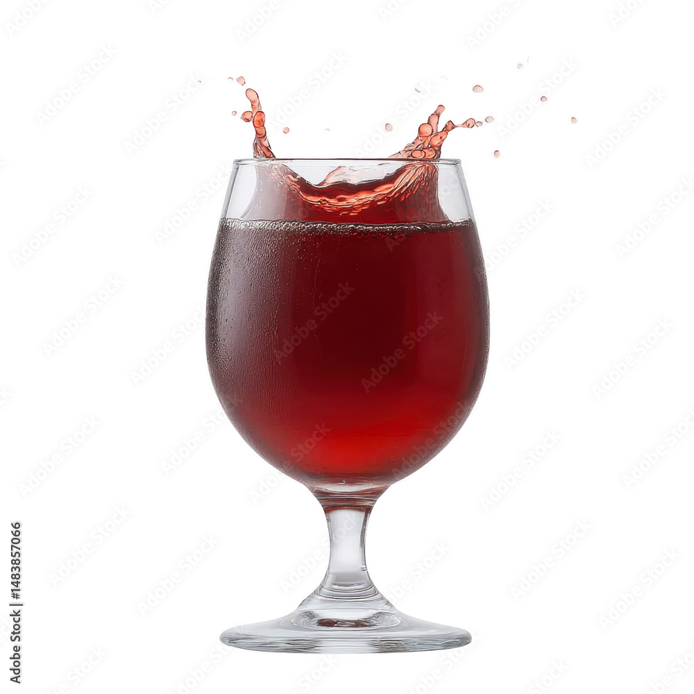 Poster splash of red liquid in clear glass goblet creates dynamic and refreshing scene. droplets are captur