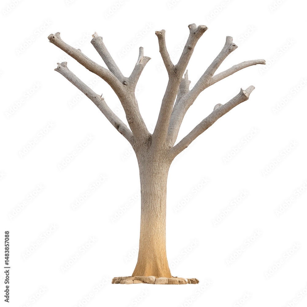 Poster leafless tree with multiple branches stands against plain background, showcasing its textured bark a