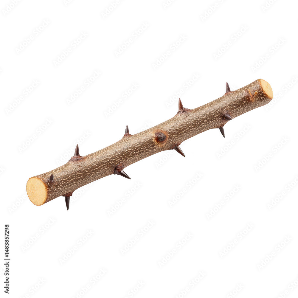 Poster thorny branch with sharp spikes protruding from its surface, isolated on transparency background. br
