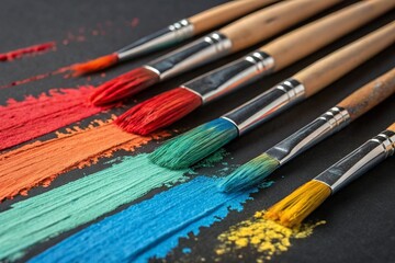 Obraz premium Closeup of Colorful Paintbrushes with Paint on a Dark Surface.