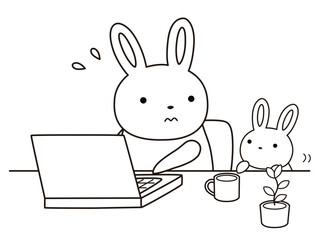 リモートワークをする子育て中のウサギ　線画