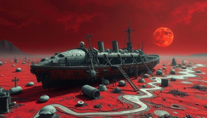Surreal crimson landscape with otherworldly battleship and blood moon.
