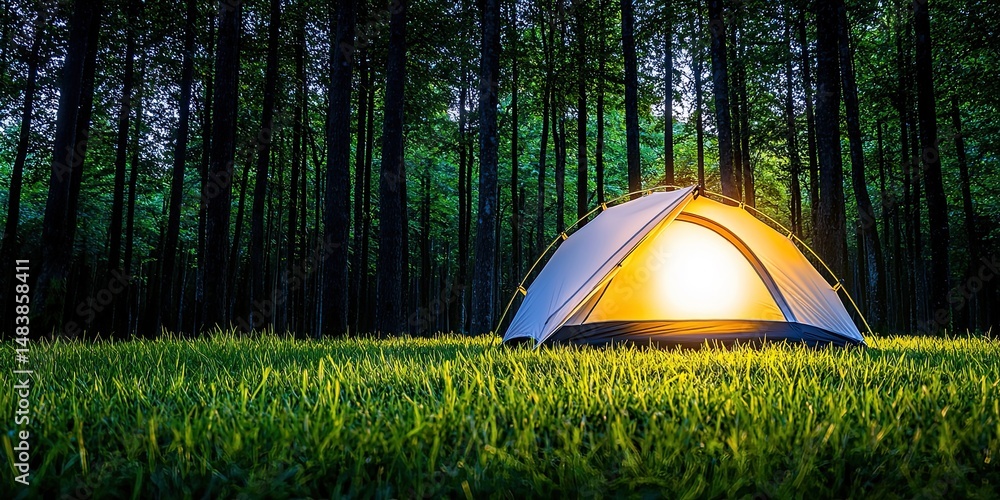 Poster illuminated tent in a tranquil forest setting at night