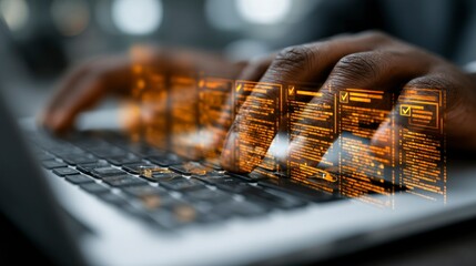 Hands typing on a laptop with holographic data overlays representing advanced technology and d