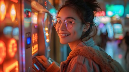 Futuristic ATM machine biometric scanner user smiling convenient fintech solution 35mm lens f28