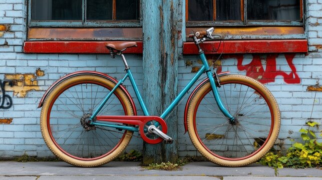 Vintage teal bicycle leaning against a weathered brick wall