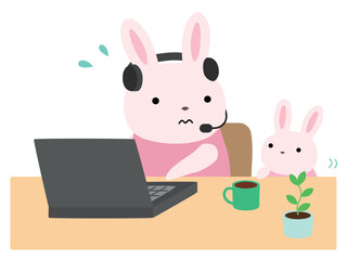 リモートワークをする子育て中のウサギ　主線なし