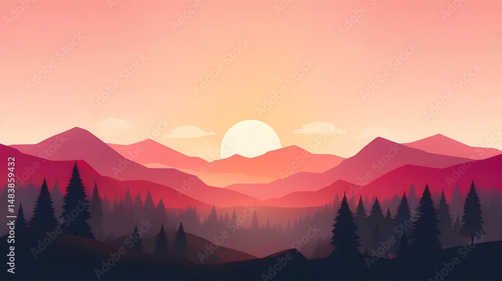 Aufkleber ピンク色の空に沈む夕日のシルエットと森林に囲まれた山々のピクセルアート風景イラストレーション