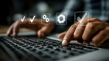 Hands on Keyboard with Floating Checkmarks and Gears Technology Automation and Efficiency in