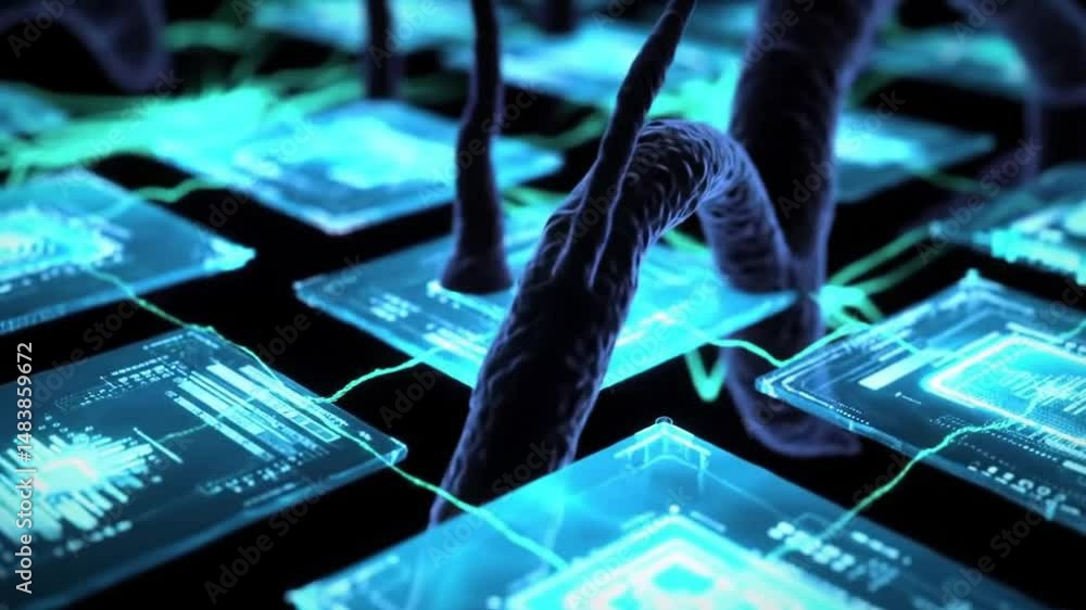 Poster digital neural network with futuristic glowing data technology visualizing