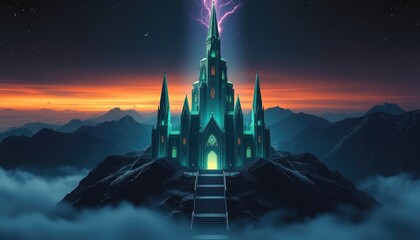 Mystical castle on mountain with ethereal glow and lightning strike.