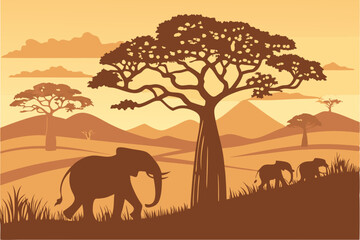 Fototapeta premium Generated AI Art African Savanna Sunset with Elephant Silhouettes