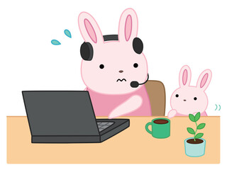 リモートワークをする子育て中のウサギ　主線あり