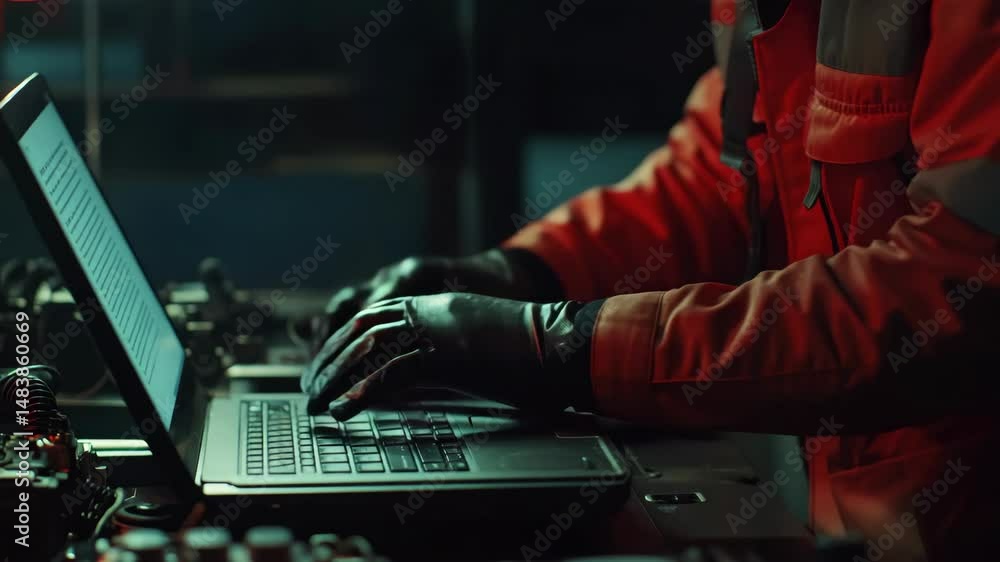 Poster a man in a red jacket is typing on a laptop. concept of urgency and focus as the man works on his co