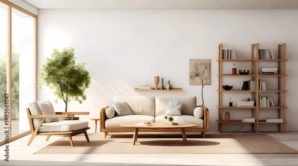 Aufkleber 明るいリビングルーム ベージュソファ 木製家具 緑の植物 棚に本 自然光 現代的なデザイン