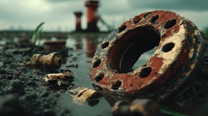Rusty metal disc in puddle