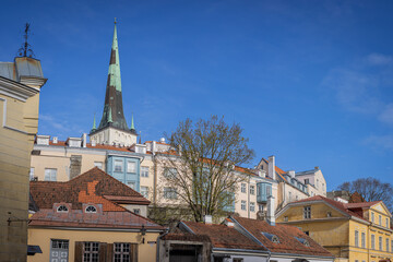 Obraz premium A bright spring day in Tallinn, Estonia, showing charming pastel buildings and the tall spire of St. Olaf s Church rising above the historic rooftops under a vivid blue sky.