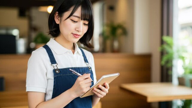 カフェで注文を取る笑顔の若い日本人女性スタッフ