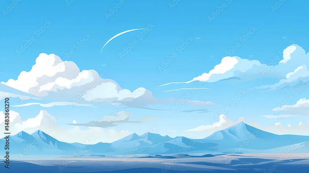 Aufkleber ピクセルアートの空と山々の風景 青と白のグラデーションの空に雲と雪山が広がる 静かで平和な雰囲気 背景や壁紙に最適