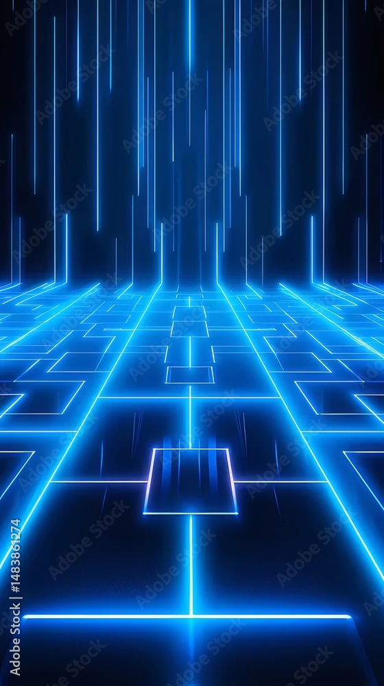 Poster 青色のネオンライトが輝く抽象的な背景 未来的なデジタル技術を示す青色の光のパターンと幾何学的なラインが特徴
