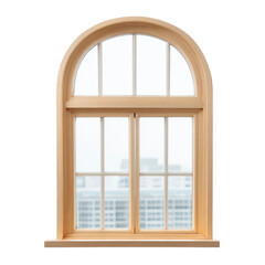 Fototapeta premium Arched wooden window with clear glass panes offers view of cityscape, blending classic design with modern architecture