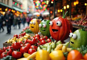 Colorful cartoon-style vegetables with expressive faces displayed at a lively outdoor market