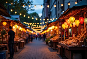 Vibrant street market illuminated by colorful lanterns at dusk