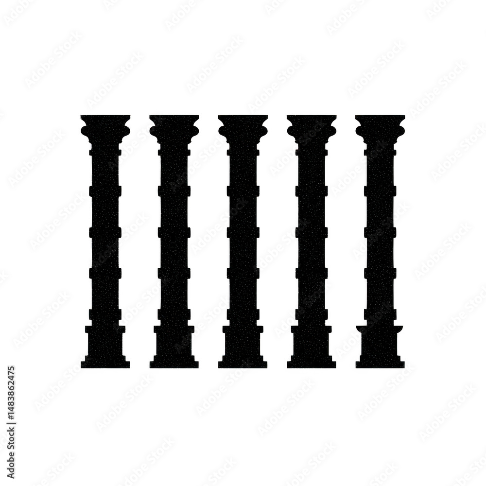 Poster five ancient columns stand in row, showcasing classical architecture with intricate details and time